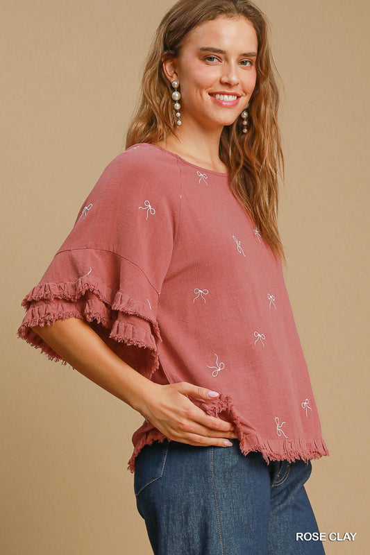Ribbon Embroidered Flutter Sleeved Top