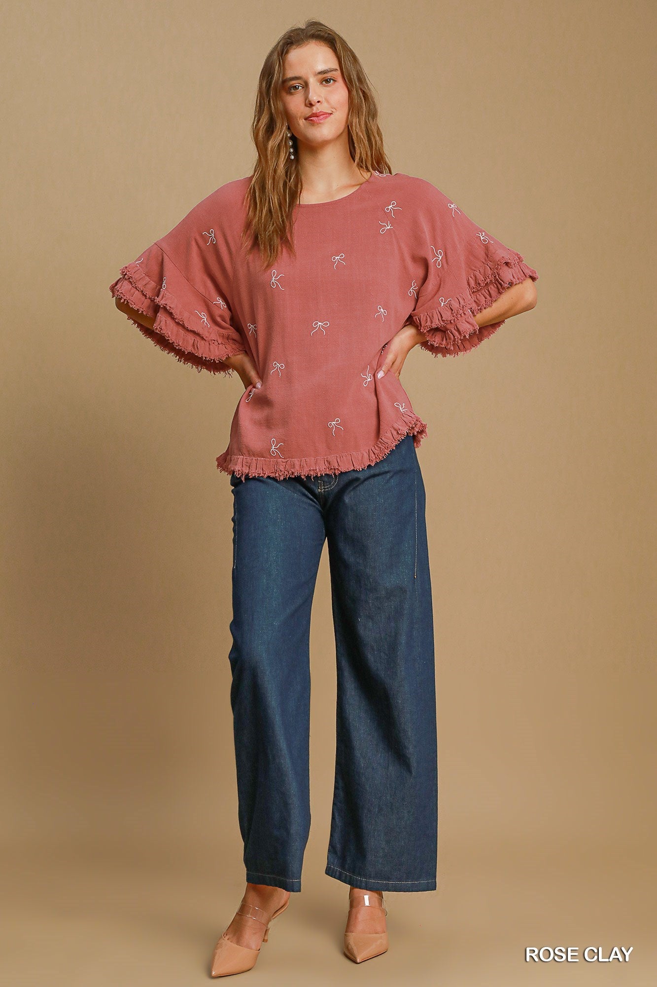 Ribbon Embroidered Flutter Sleeved Top