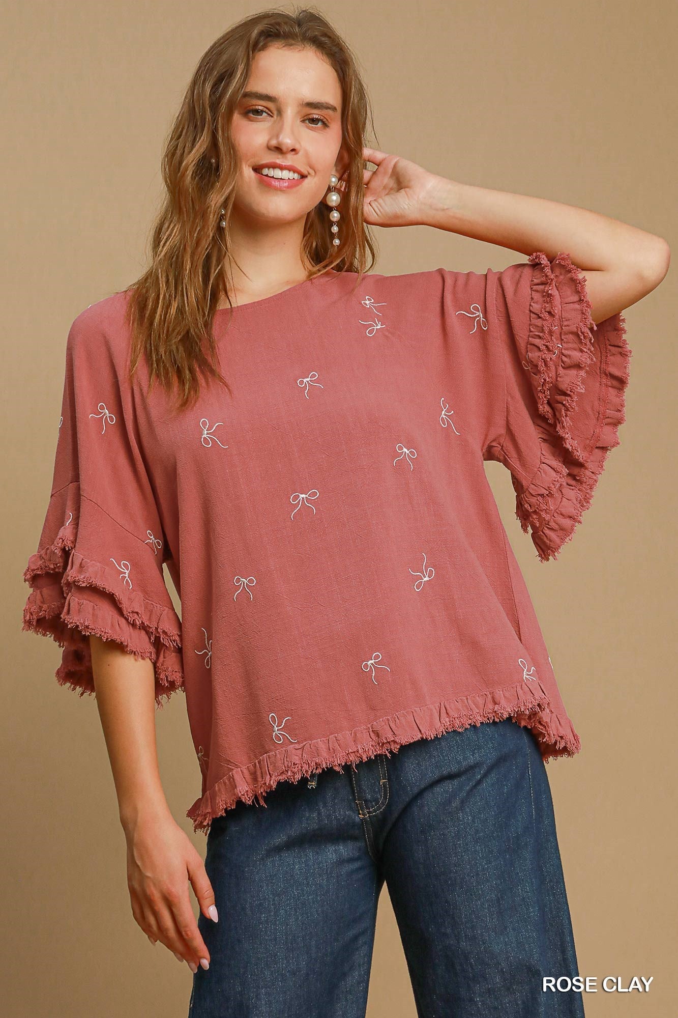 Ribbon Embroidered Flutter Sleeved Top
