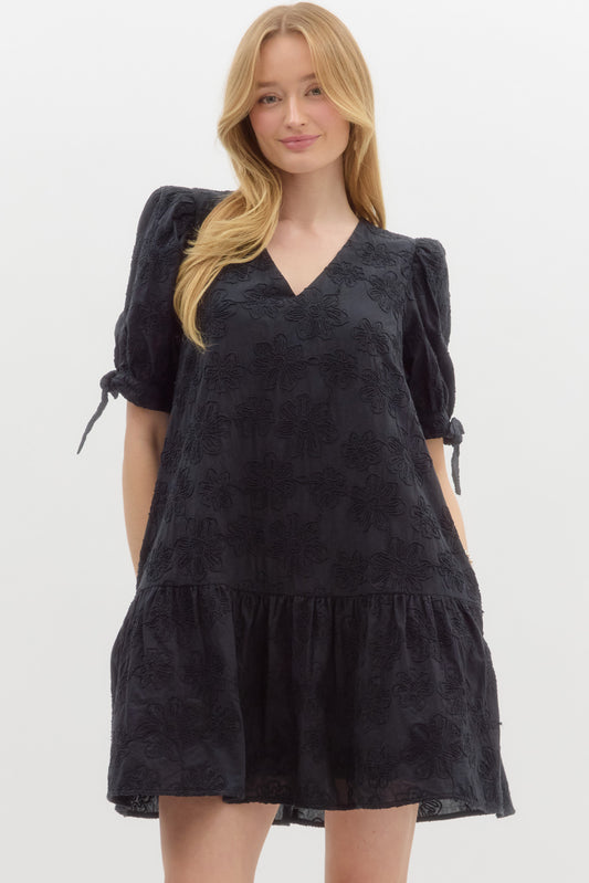 Black applique floral mini dress