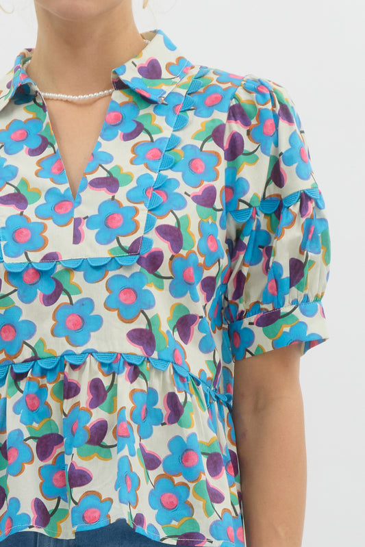 Floral collared v-neck top